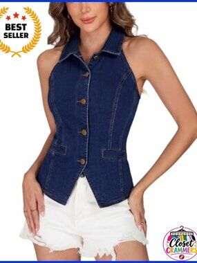 Sleeveless Halter Denim Vest Top Womens Collared Button Front Jean Vest Shirt